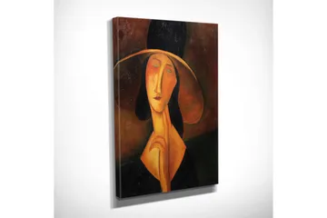 Liten Canvastavla 30x40 cm - Porträtt av en kvinna med stor hatt och en mystisk uttryckning - Svart / Orange / Brun - Inredning - Tavlor & posters - Canvastavla