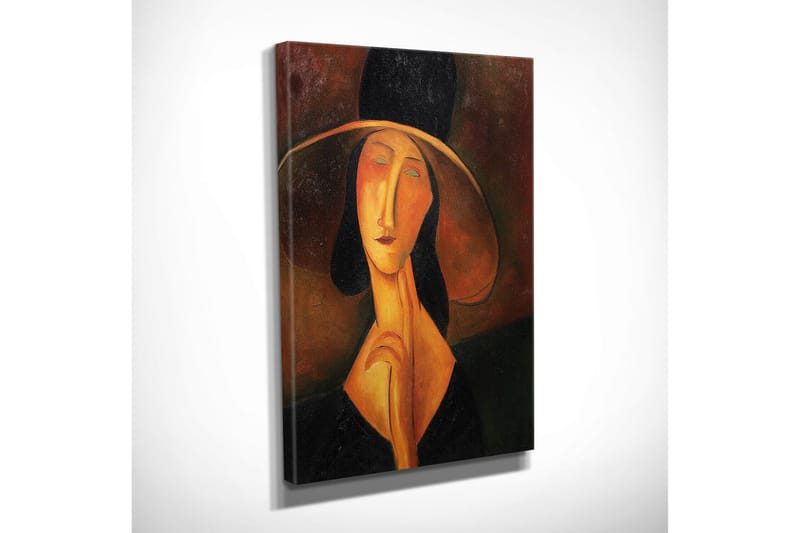 Liten Canvastavla 30x40 cm - Porträtt av en kvinna med stor hatt och en mystisk uttryckning - Svart / Orange / Brun - Inredning - Tavlor & posters - Canvastavla