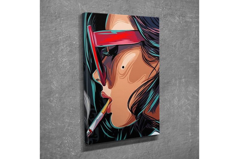 Liten Canvastavla 30x40 cm - Porträtt av en kvinna med solglasögon och cigarett - Röd / Svart / Turkos - Inredning - Tavlor & posters - Canvastavla