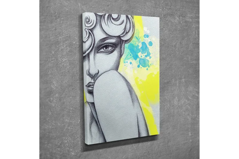 Liten Canvastavla 30x40 cm - Porträtt av en kvinna med en mystisk blick och stiliserat hår - Grå / Gul / Turkos - Inredning - Tavlor & posters - Canvastavla