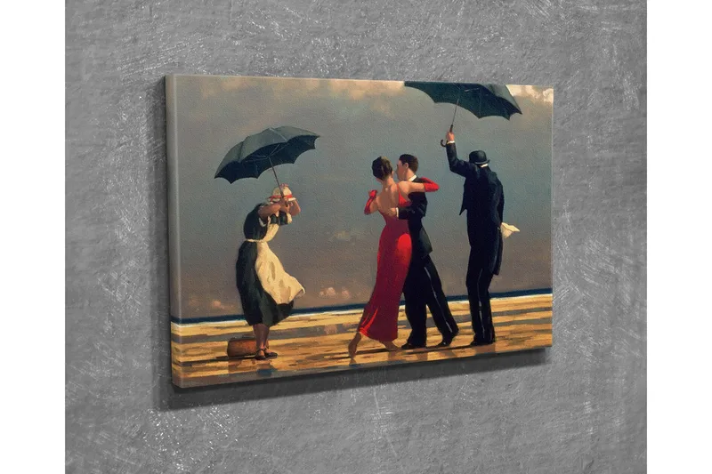 Liten Canvastavla 40x30 cm - Dansande par under paraplyer på en strand - Röd / Svart / Vit - Inredning - Tavlor & posters - Canvastavla