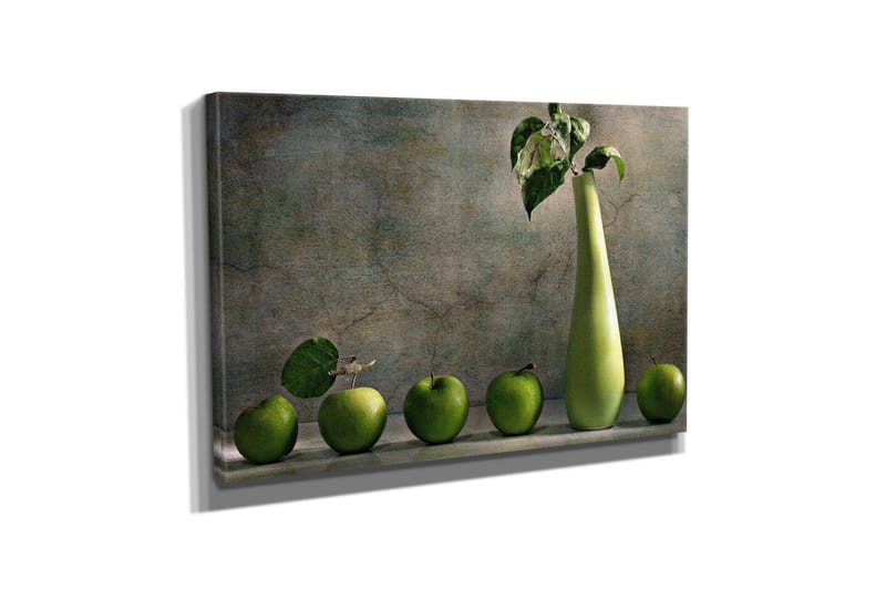 Liten Canvastavla 40x30 cm - Grön äppelkorg med en stilren vas - Grön / Ljusgrön - Inredning - Tavlor & posters - Canvastavla