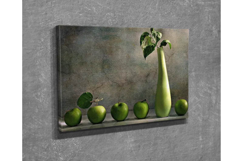 Liten Canvastavla 40x30 cm - Grön äppelkorg med en stilren vas - Grön / Ljusgrön - Inredning - Tavlor & posters - Canvastavla