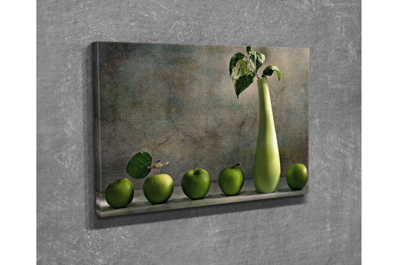 Liten Canvastavla 40x30 cm - Grön äppelkorg med en stilren vas - Grön / Ljusgrön - Inredning - Tavlor & posters - Canvastavla