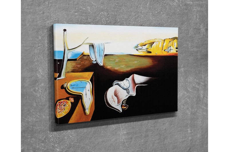 Liten Canvastavla 40x30 cm - Surrealistisk komposition med smälta klockor och en landskapsbakgrund - Gult / Blått / Brunt - Inredning - Tavlor & posters - Canvastavla