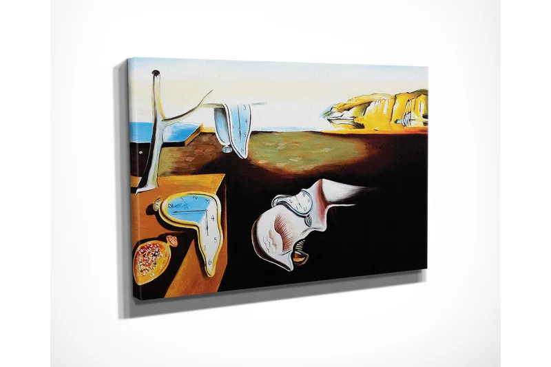 Liten Canvastavla 40x30 cm - Surrealistisk komposition med smälta klockor och en landskapsbakgrund - Gult / Blått / Brunt - Inredning - Tavlor & posters - Canvastavla