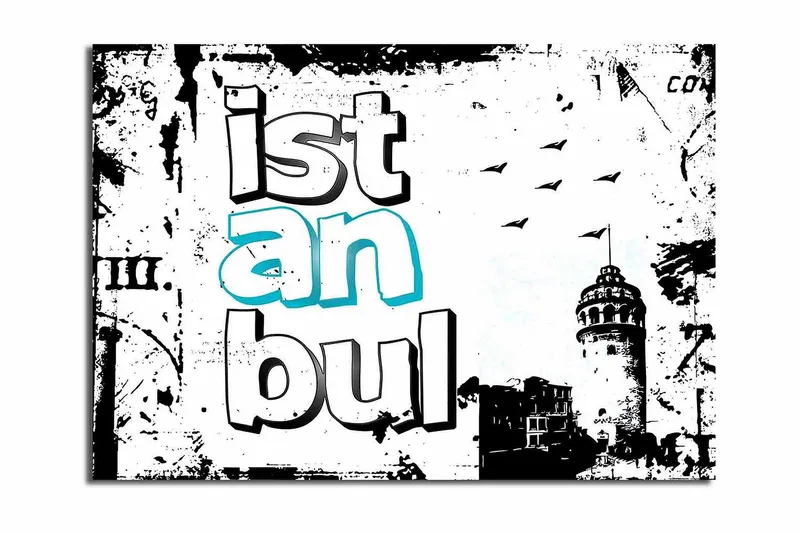 Stor Canvastavla 100x70 cm - Grafisk representation av Istanbul med stiliserad text och silhuett av ett torn - Svart / Vit / Turkos - Inredning - Tavlor & posters - Canvastavla