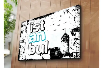 Stor Canvastavla 100x70 cm - Grafisk representation av Istanbul med stiliserad text och silhuett av ett torn - Svart / Vit / Turkos - Inredning - Tavlor & posters - Canvastavla