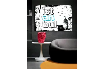 Stor Canvastavla 100x70 cm - Grafisk representation av Istanbul med stiliserad text och silhuett av ett torn - Svart / Vit / Turkos - Inredning - Tavlor & posters - Canvastavla
