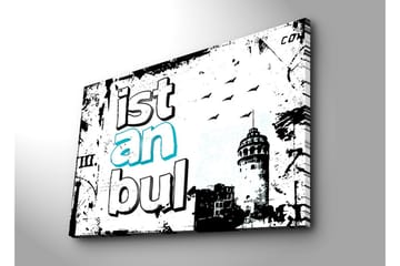 Stor Canvastavla 100x70 cm - Grafisk representation av Istanbul med stiliserad text och silhuett av ett torn - Svart / Vit / Turkos - Inredning - Tavlor & posters - Canvastavla