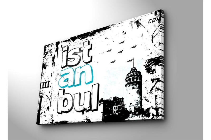 Stor Canvastavla 100x70 cm - Grafisk representation av Istanbul med stiliserad text och silhuett av ett torn - Svart / Vit / Turkos - Inredning - Tavlor & posters - Canvastavla