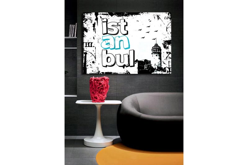 Stor Canvastavla 100x70 cm - Grafisk representation av Istanbul med stiliserad text och silhuett av ett torn - Svart / Vit / Turkos - Inredning - Tavlor & posters - Canvastavla