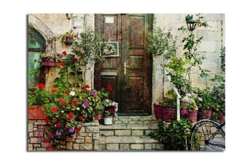 Stor Canvastavla 100x70 cm - Vacker dörr omgiven av färgglada blommor och grönska - Röd / Grön / Lila - Inredning - Tavlor & posters - Canvastavla
