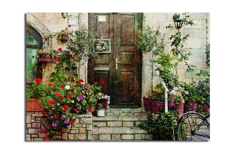 Stor Canvastavla 100x70 cm - Vacker dörr omgiven av färgglada blommor och grönska, Röd / Grön / Lila