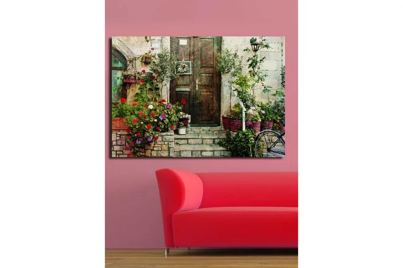 Stor Canvastavla 100x70 cm - Vacker dörr omgiven av färgglada blommor och grönska - Röd / Grön / Lila - Inredning - Tavlor & posters - Canvastavla