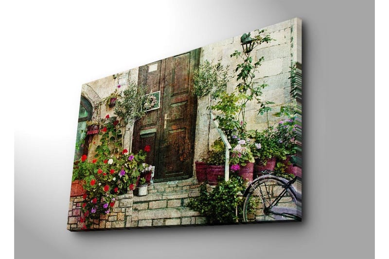 Stor Canvastavla 100x70 cm - Vacker dörr omgiven av färgglada blommor och grönska - Röd / Grön / Lila - Inredning - Tavlor & posters - Canvastavla