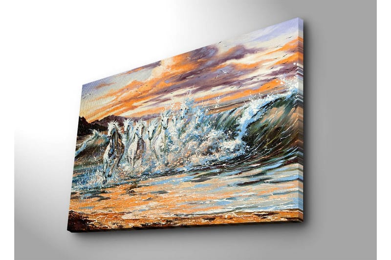 Stor Canvastavla 100x70 cm - Vilda hästar som galopperar genom vågorna vid solnedgången - Vit / Blå / Orange - Inredning - Tavlor & posters - Canvastavla