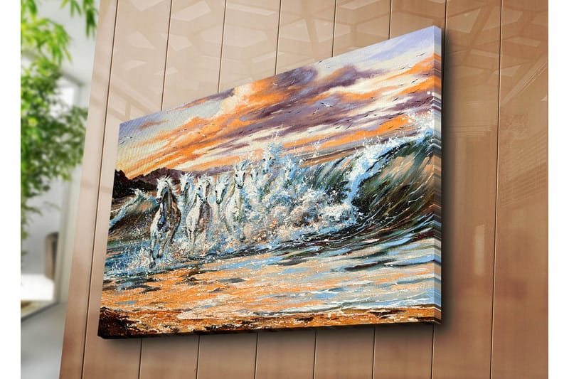 Stor Canvastavla 100x70 cm - Vilda hästar som galopperar genom vågorna vid solnedgången - Vit / Blå / Orange - Inredning - Tavlor & posters - Canvastavla