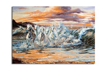 Stor Canvastavla 100x70 cm - Vilda hästar som galopperar genom vågorna vid solnedgången - Vit / Blå / Orange - Inredning - Tavlor & posters - Canvastavla