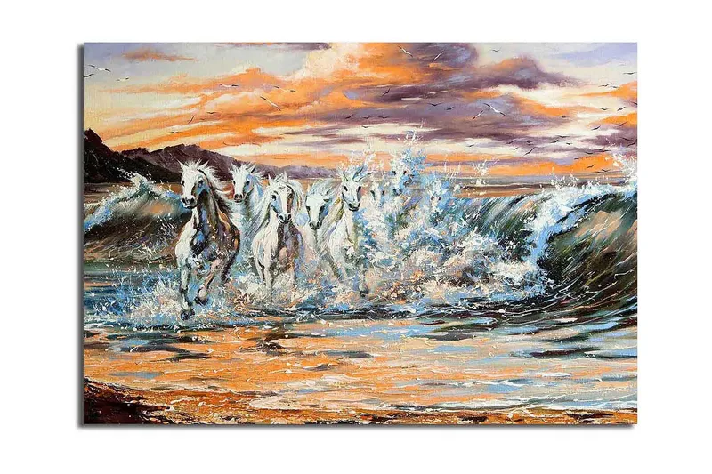 Stor Canvastavla 100x70 cm - Vilda hästar som galopperar genom vågorna vid solnedgången, Vit / Blå / Orange