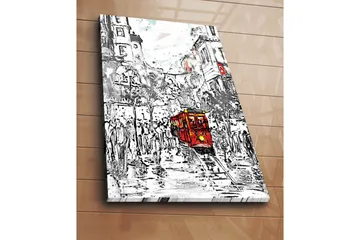 Stor Canvastavla 70x100 cm - Röd spårvagn i en livlig stadsbild - Röd / Svart / Grå - Inredning - Tavlor & posters - Canvastavla