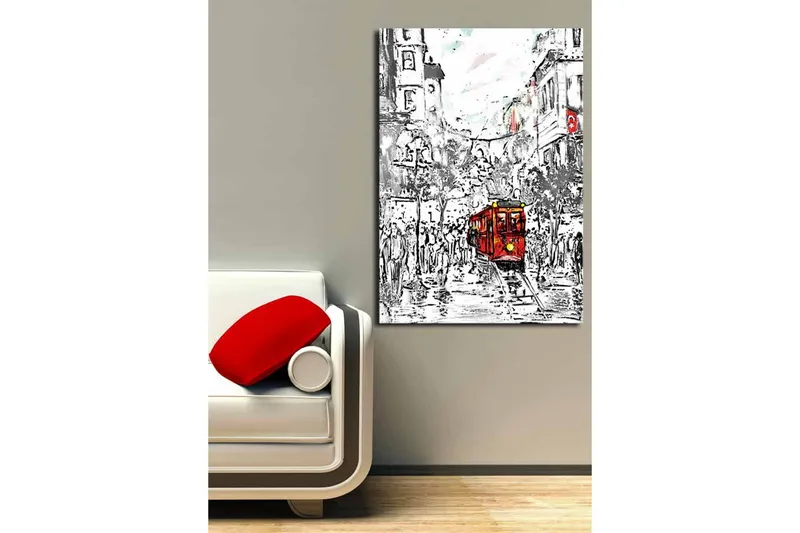 Stor Canvastavla 70x100 cm - Röd spårvagn i en livlig stadsbild - Röd / Svart / Grå - Inredning - Tavlor & posters - Canvastavla