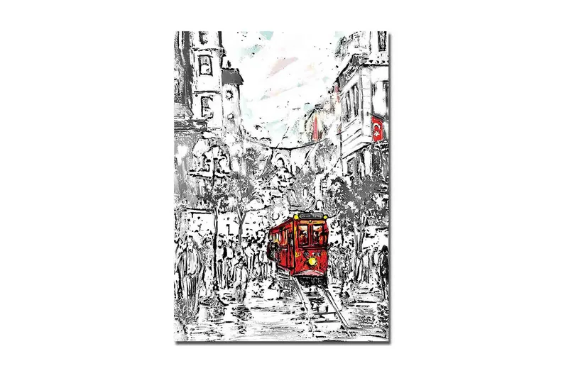 Stor Canvastavla 70x100 cm - Röd spårvagn i en livlig stadsbild - Röd / Svart / Grå - Inredning - Tavlor & posters - Canvastavla