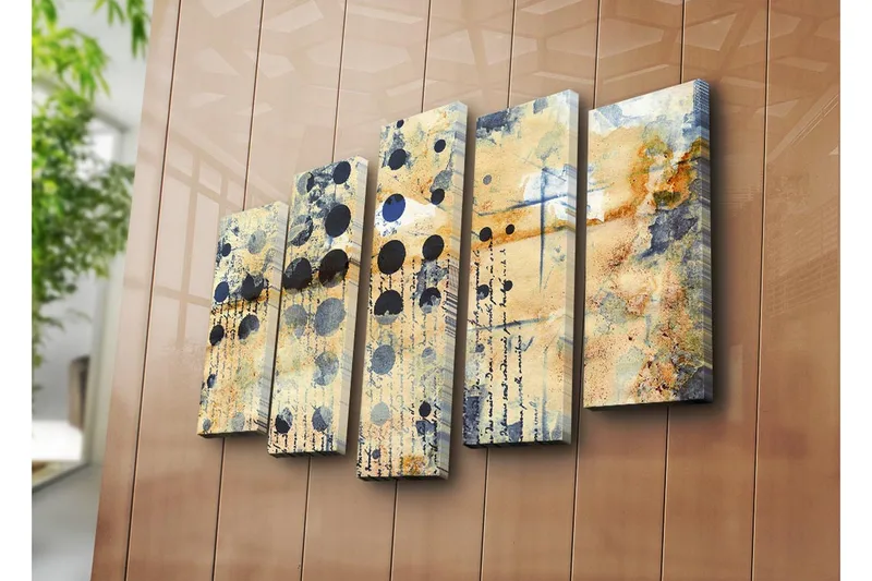 Stor Canvastavla i 5 delar 105x70 cm - Abstrakt komposition med cirklar och texturer - Beige / Svart / Blå - Inredning - Tavlor & posters - Canvastavla