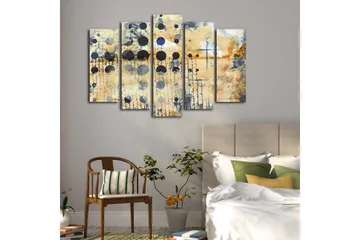 Stor Canvastavla i 5 delar 105x70 cm - Abstrakt komposition med cirklar och texturer - Beige / Svart / Blå - Inredning - Tavlor & posters - Canvastavla