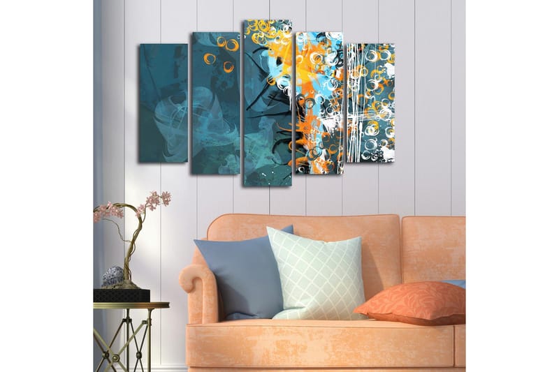 Stor Canvastavla i 5 delar 105x70 cm - Abstrakt komposition med cirkulära former och dynamiska färger - Mörkblå / Orange / Vit - Inredning - Tavlor & posters - Canvastavla