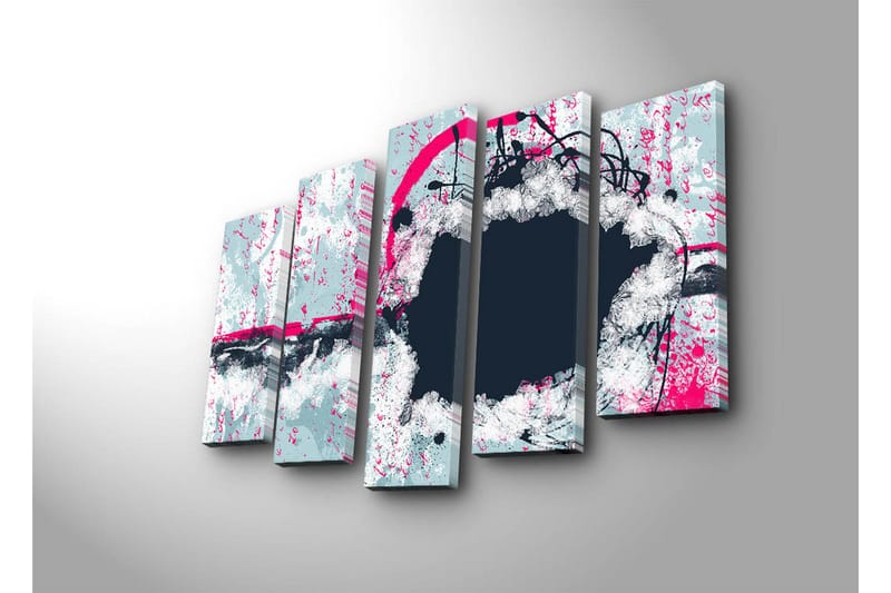 Stor Canvastavla i 5 delar 105x70 cm - Abstrakt komposition med cirkulära former och kontrasterande färger - Mörkblå / Ljusgrå / Rosa - Inredning - Tavlor & posters - Canvastavla