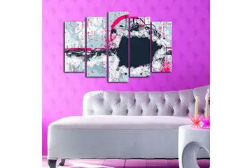 Stor Canvastavla i 5 delar 105x70 cm - Abstrakt komposition med cirkulära former och kontrasterande färger - Mörkblå / Ljusgrå / Rosa - Inredning - Tavlor & posters - Canvastavla