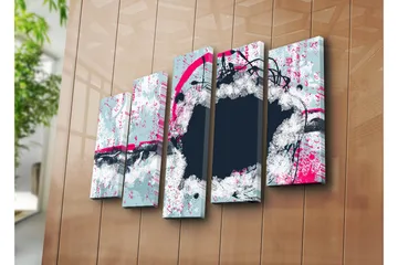 Stor Canvastavla i 5 delar 105x70 cm - Abstrakt komposition med cirkulära former och kontrasterande färger - Mörkblå / Ljusgrå / Rosa - Inredning - Tavlor & posters - Canvastavla
