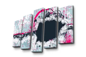 Stor Canvastavla i 5 delar 105x70 cm - Abstrakt komposition med cirkulära former och kontrasterande färger - Mörkblå / Ljusgrå / Rosa - Inredning - Tavlor & posters - Canvastavla
