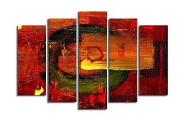 Stor Canvastavla i 5 delar 105x70 cm - Abstrakt komposition med cirkulära former och starka färger - Röd / Grön / Orange - Inredning - Tavlor & posters - Canvastavla