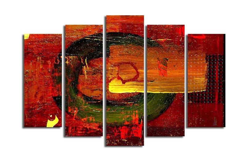 Stor Canvastavla i 5 delar 105x70 cm - Abstrakt komposition med cirkulära former och starka färger - Röd / Grön / Orange - Inredning - Tavlor & posters - Canvastavla