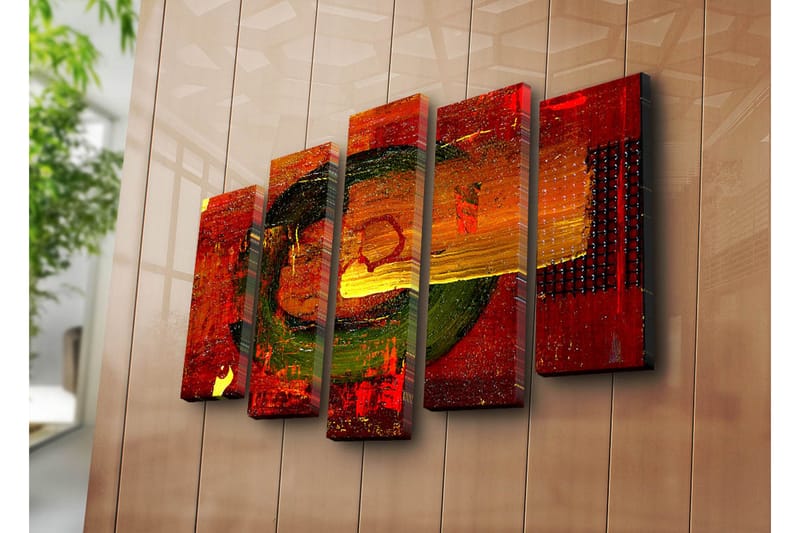 Stor Canvastavla i 5 delar 105x70 cm - Abstrakt komposition med cirkulära former och starka färger - Röd / Grön / Orange - Inredning - Tavlor & posters - Canvastavla