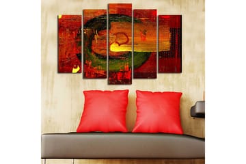 Stor Canvastavla i 5 delar 105x70 cm - Abstrakt komposition med cirkulära former och starka färger - Röd / Grön / Orange - Inredning - Tavlor & posters - Canvastavla