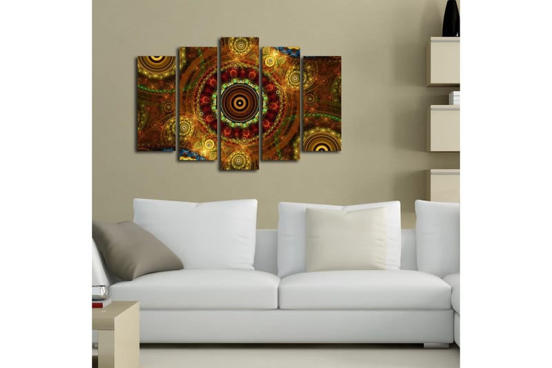 Stor Canvastavla i 5 delar 105x70 cm - Abstrakt komposition med cirkulära mönster - Guld / Brunt / Rödbrunt - Inredning - Tavlor & posters - Canvastavla