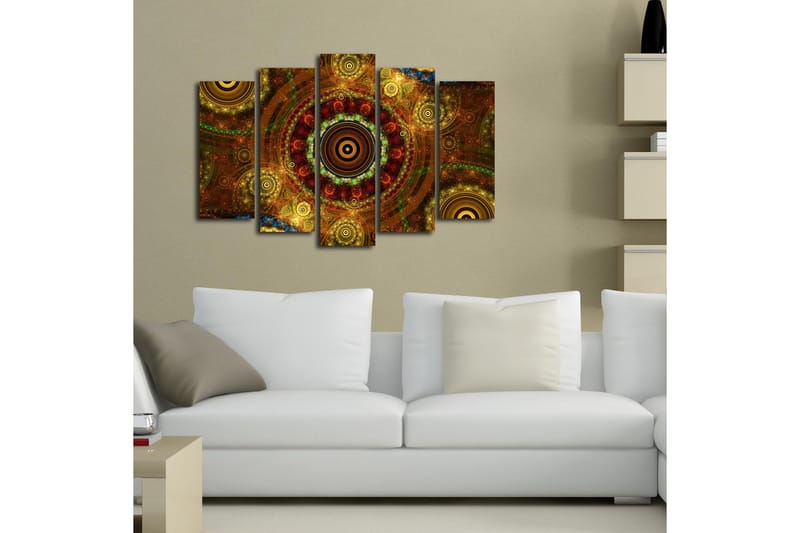 Stor Canvastavla i 5 delar 105x70 cm - Abstrakt komposition med cirkulära mönster - Guld / Brunt / Rödbrunt - Inredning - Tavlor & posters - Canvastavla