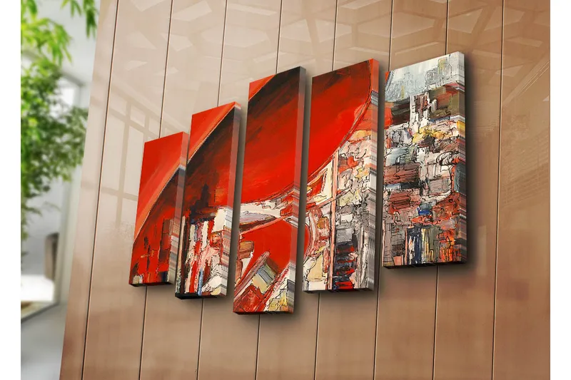 Stor Canvastavla i 5 delar 105x70 cm - Abstrakt komposition med dominerande röda nyanser - Röd / Vit / Grå - Inredning - Tavlor & posters - Canvastavla