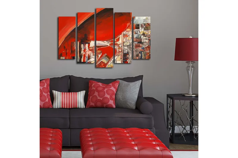 Stor Canvastavla i 5 delar 105x70 cm - Abstrakt komposition med dominerande röda nyanser - Röd / Vit / Grå - Inredning - Tavlor & posters - Canvastavla