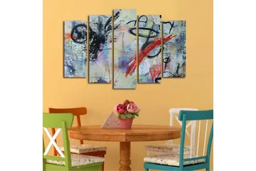 Stor Canvastavla i 5 delar 105x70 cm - Abstrakt komposition med dynamiska linjer och färgade inslag - Svart / Röd / Blå - Inredning - Tavlor & posters - Canvastavla