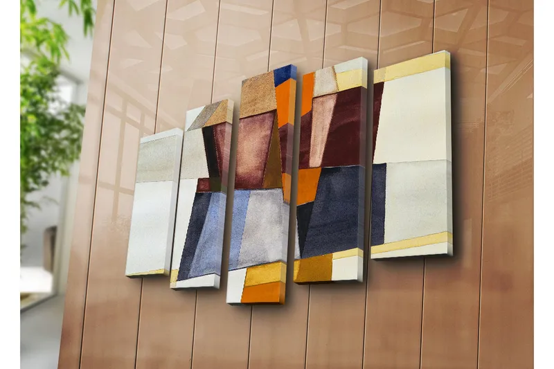 Stor Canvastavla i 5 delar 105x70 cm - Abstrakt komposition med geometriska former i olika nyanser - Mörkröd / Orange / Beige - Inredning - Tavlor & posters - Canvastavla