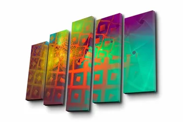 Stor Canvastavla i 5 delar 105x70 cm - Abstrakt komposition med geometriska former och färgglada mönster - Grön / Orange / Lila - Inredning - Tavlor & posters - Canvastavla