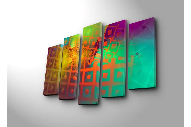 Stor Canvastavla i 5 delar 105x70 cm - Abstrakt komposition med geometriska former och färgglada mönster - Grön / Orange / Lila - Inredning - Tavlor & posters - Canvastavla