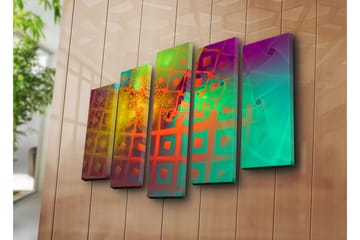 Stor Canvastavla i 5 delar 105x70 cm - Abstrakt komposition med geometriska former och färgglada mönster - Grön / Orange / Lila - Inredning - Tavlor & posters - Canvastavla