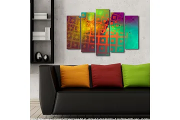 Stor Canvastavla i 5 delar 105x70 cm - Abstrakt komposition med geometriska former och färgglada mönster - Grön / Orange / Lila - Inredning - Tavlor & posters - Canvastavla