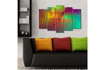 Stor Canvastavla i 5 delar 105x70 cm - Abstrakt komposition med geometriska former och färgglada mönster - Grön / Orange / Lila - Inredning - Tavlor & posters - Canvastavla