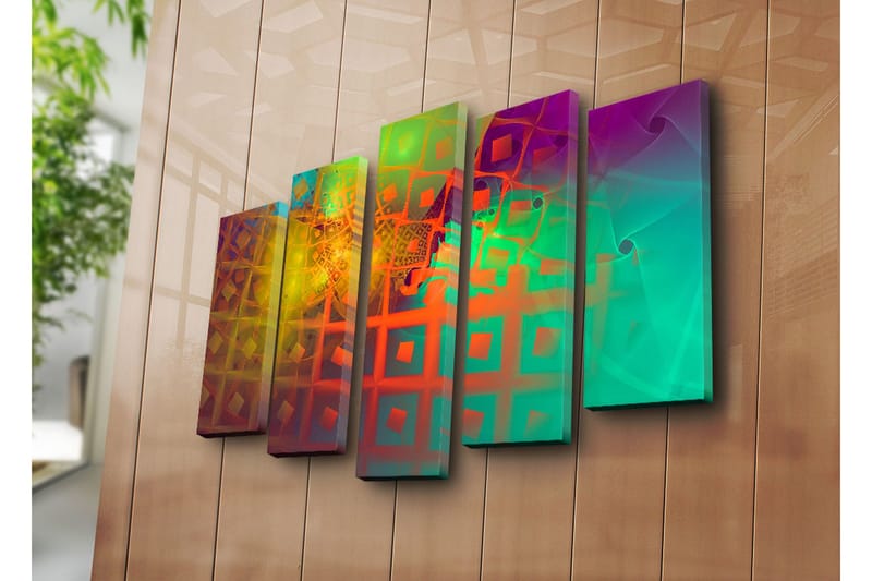 Stor Canvastavla i 5 delar 105x70 cm - Abstrakt komposition med geometriska former och färgglada mönster - Grön / Orange / Lila - Inredning - Tavlor & posters - Canvastavla
